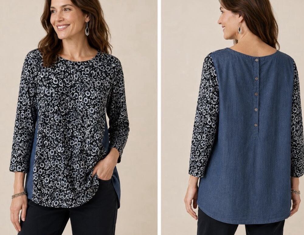 J. Jill Denim Blue Floral Long Sleeve Tunic Blouse Button, Women's Size Medium